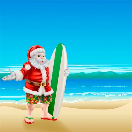 Été Santa dans les vêtements de plage, shorts de long ou bermudas et sandales flip-flop, tenant une planche de surf sur une plage ensoleillée. Photographie de stock - Aubaine LD & Abonnement, Code: 400-06431101