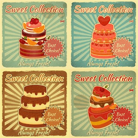 Set of Retro Cards with Cake. Vector Illustration. Stock Photo - Budget Royalty-Free & Subscription, Code: 400-06431118