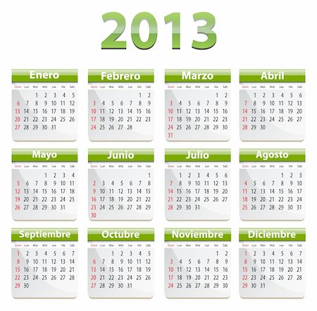 días de la semana - Green calendar for 2013 year in Spanish. Vector illustration Foto de stock - Super Valor sin royalties y Suscripción, Código: 400-06431139