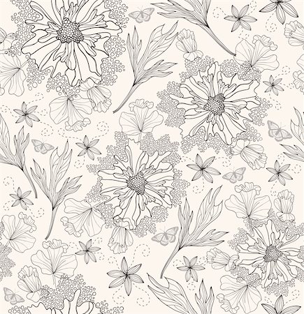 plant drawing decor - Abstract floral pattern. Seamless pattern with flowers and butterfly. Floral background. Stock Photo - Budget Royalty-Free & Subscription, Code: 400-06454027