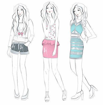 drawing girls body - Young fashion girls illustration. Vector illustration. Background with teen females in fashionable clothes posing. Fashion illustration. Stock Photo - Budget Royalty-Free & Subscription, Code: 400-06454030