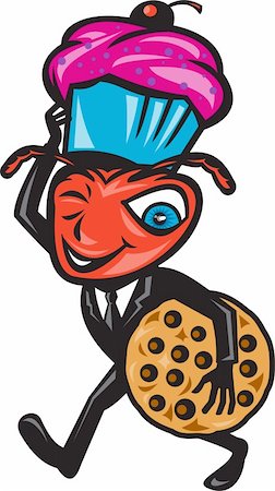 Illustration of  cartoon male ant wearing tuxedo business suit carrying cupcake on head and cookie winking on isolated white background. Stock Photo - Budget Royalty-Free & Subscription, Code: 400-06454322