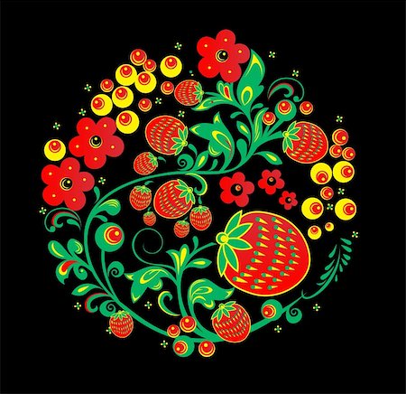 red floral background with black leaves - Vector. Russian traditional ornament "Hohloma" . Illustration of traditional Russian ornament. eps 10 Stock Photo - Budget Royalty-Free & Subscription, Code: 400-06454341