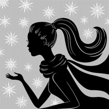 Silhouette of young woman on the flying snowflakes background Photographie de stock - Aubaine LD & Abonnement, Code: 400-06455330