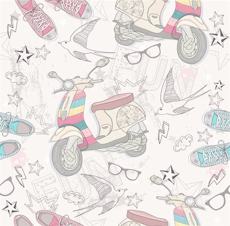 Cute grunge abstract pattern. Seamless pattern with shoes, retro scooter, glasses, stars, thunders and birds. Fun pattern for children or teenagers. Stock Photo - Budget Royalty-Free & Subscription, Code: 400-06455748
