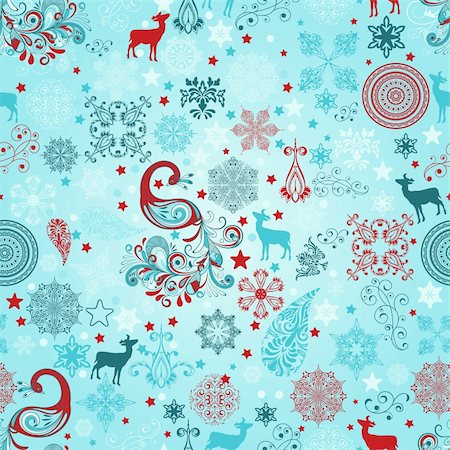 vector seamless winter pattern with stylized peacocks, deers, stars, and snowflakes Stock Photo - Budget Royalty-Free & Subscription, Code: 400-06455880