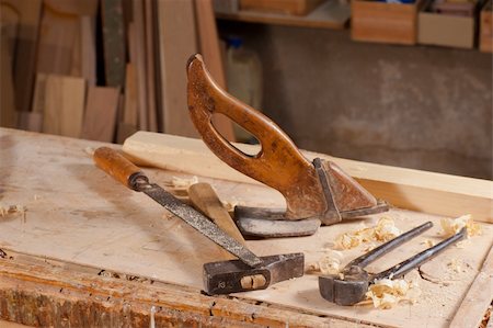 Old carpentry tools on a work bench Stock Photo - Budget Royalty-Free & Subscription, Code: 400-06455948