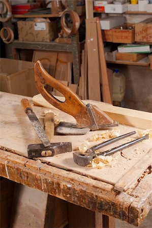 A work bench with old carpentry tools Stock Photo - Budget Royalty-Free & Subscription, Code: 400-06455949