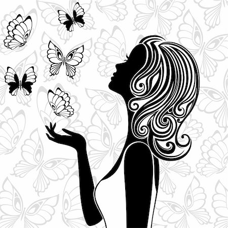 Line art of young woman with butterflies flying around Photographie de stock - Aubaine LD & Abonnement, Code: 400-06456013