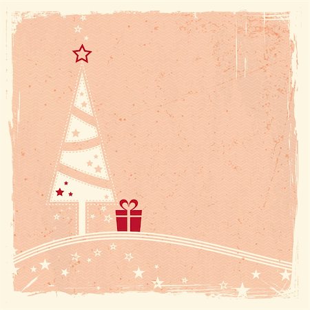 red christmas invitation - Illustration of a stylized Christmas tree with present on top of wavy lines with stars on pale rose textured grunge background. Space for your text. Stock Photo - Budget Royalty-Free & Subscription, Code: 400-06456527