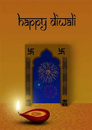 Happy Diwali Illustration: red diya (a cup-shaped indian oil lamp) in front of an indian ornamental window with fireworks outside. Fotografie stock - Microstock e Abbonamento, Codice: 400-06456840