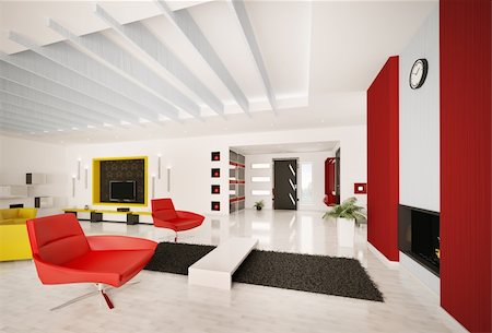 red blue and white living design - Modern apartment interior living room hall 3d render Stock Photo - Budget Royalty-Free & Subscription, Code: 400-06456915