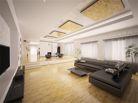 Interior of modern apartment with staircase and fireplace 3d render Stock Photo - Budget Royalty-Free & Subscription, Code: 400-06456922