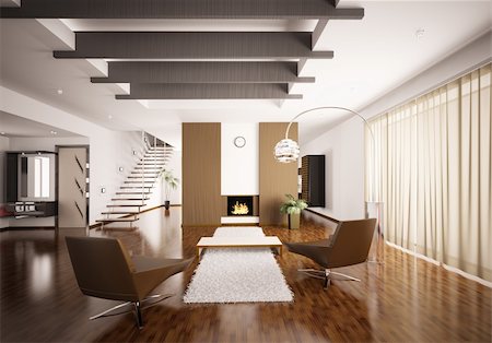 Interior of modern apartment living room hall 3d render Stock Photo - Budget Royalty-Free & Subscription, Code: 400-06456945