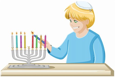 A vector illustrations of a jewish boy lighting Hanukkiah candles for Hanukkah. Stockbilder - Microstock & Abonnement, Bildnummer: 400-06457150