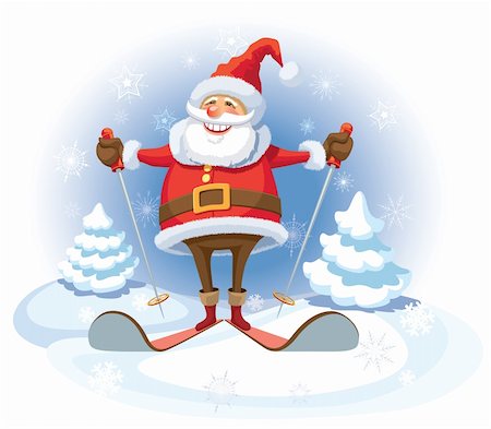 santa claus ski - Smiling Santa Claus skiing, white winter background. Foto de stock - Super Valor sin royalties y Suscripción, Código: 400-06458540