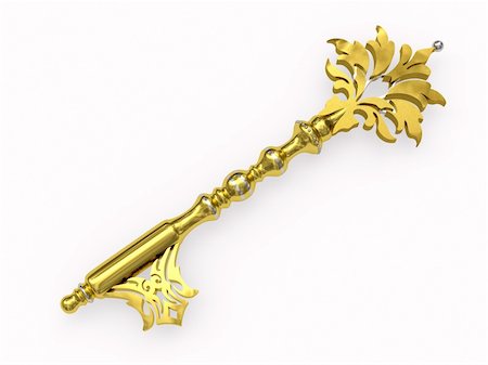 simsearch:400-04291722,k - Ornate golden key rendered with soft shadows on white background Stock Photo - Budget Royalty-Free & Subscription, Code: 400-06458901
