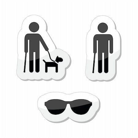 Blind person icon with cane, dog and sunglasses icons set Stock Photo - Budget Royalty-Free & Subscription, Code: 400-06458950