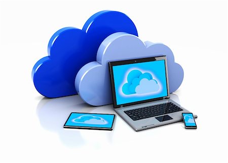 simsearch:400-05687584,k - Technology 3d: laptop, cellphone, digital pad with cloud Stock Photo - Budget Royalty-Free & Subscription, Code: 400-06459454