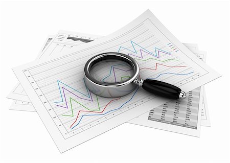 simsearch:400-06459515,k - Business documents with magnifying glass over white background Fotografie stock - Microstock e Abbonamento, Codice: 400-06459515