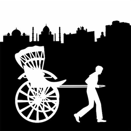 A man carries a passenger wagon. Black and white illustration on a white background. Stock Photo - Budget Royalty-Free & Subscription, Code: 400-06452287