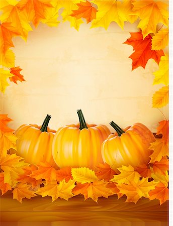 Pumpkins on wooden background with leaves  Autumn background  Vector Stock Photo - Budget Royalty-Free & Subscription, Code: 400-06452454