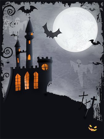 foggy creepy pictures - Halloween background with haunted castle, bats, ghosts, full moon and grunge elements Stock Photo - Budget Royalty-Free & Subscription, Code: 400-06452661