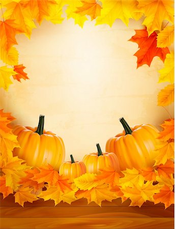 Pumpkins on wooden background with leaves  Autumn background  Vector Stock Photo - Budget Royalty-Free & Subscription, Code: 400-06452906