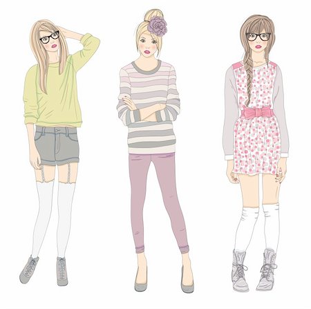 Young fashion girls illustration. Vector illustration. Background with teen females in fashionable clothes posing. Fashion illustration. Stockbilder - Microstock & Abonnement, Bildnummer: 400-06453197