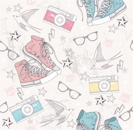 Cute grunge abstract pattern. Seamless pattern with shoes, photo cameras, glasses, stars, thunders and birds. Fun pattern for children or teenagers. Stockbilder - Microstock & Abonnement, Bildnummer: 400-06453198