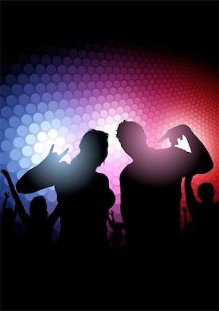 people dancing in night club with arms in air - Rainbow Party - Dance Background, Vector Illustration Stock Photo - Budget Royalty-Free & Subscription, Code: 400-06453564