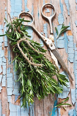 Bunch of fresh rosemary and old scissors on a wooden background. Stock Photo - Budget Royalty-Free & Subscription, Code: 400-06464710