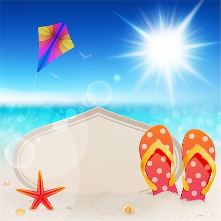 designs for kite decoration - Beautiful seaside view with vintage card, sand and flip-flops. Stock Photo - Budget Royalty-Free & Subscription, Code: 400-06460317