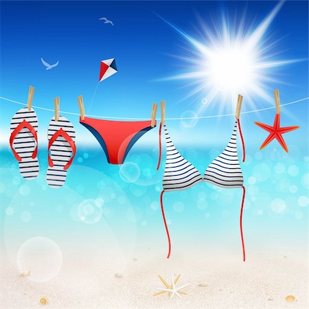 sea postcards vector - Hanging swimsuit and flip flops on seascape background. Vector illustration. Stock Photo - Budget Royalty-Free & Subscription, Code: 400-06460345