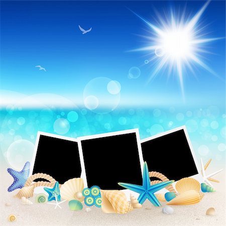 sea postcards vector - Pictures and shells on Beautiful seaside background. Vector illustration. Stock Photo - Budget Royalty-Free & Subscription, Code: 400-06460341