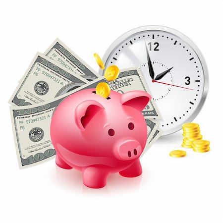 Time is money. Pig moneybox and money with Office Clock Stock Photo - Budget Royalty-Free & Subscription, Code: 400-06460991