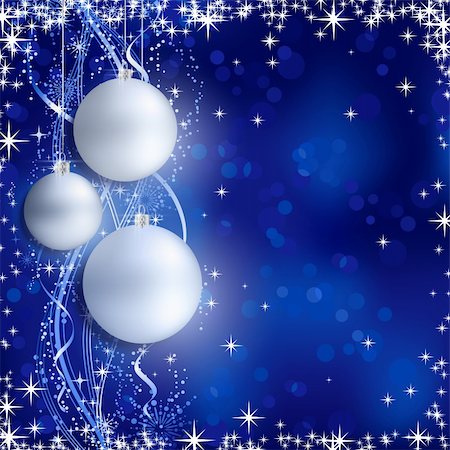 Christmas background with Christmas balls, stars, snow flakes and a wavy line pattern on blue background with blurry light dots for your festive occasions. Copy space. Stock Photo - Budget Royalty-Free & Subscription, Code: 400-06461827