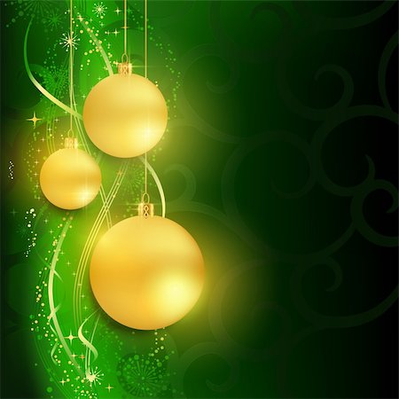simsearch:400-04267314,k - Festive dark green Christmas background with golden golden baubles and a background pattern of snow flakes, wavy lines, swirls and grunge elements. Foto de stock - Royalty-Free Super Valor e Assinatura, Número: 400-06461829
