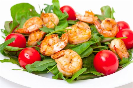 shrimp in frying pan dish - Salad with Grilled Shrimp and Tomatoes, on white Stock Photo - Budget Royalty-Free & Subscription, Code: 400-06462060