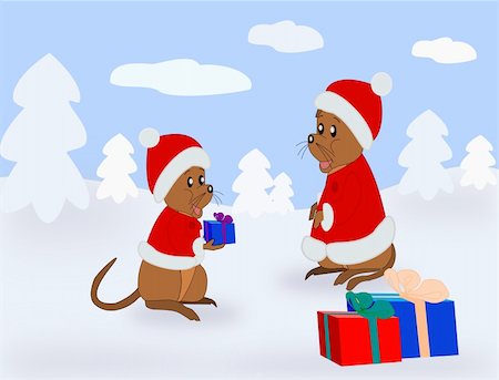 simsearch:400-08531661,k - Two little mice in Santa Claus clothes,     with Christmas presents, standing in     the snow. Fotografie stock - Microstock e Abbonamento, Codice: 400-06462079