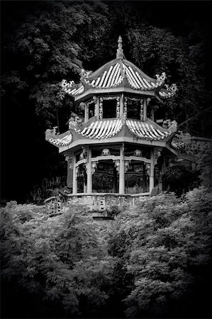 simsearch:400-05300606,k - Monochrome image of a Chinese pagoda in a garden Photographie de stock - Aubaine LD & Abonnement, Code: 400-06462847