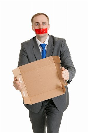 simsearch:400-06364563,k - Businessman with his mouth sealed with red tape and cardboard in their hands Stock Photo - Budget Royalty-Free & Subscription, Code: 400-06463047