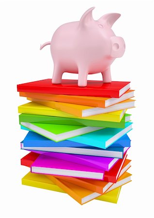 Pink piggy bank on a stack of colorful books. Isolated render on a white background Stock Photo - Budget Royalty-Free & Subscription, Code: 400-06463415