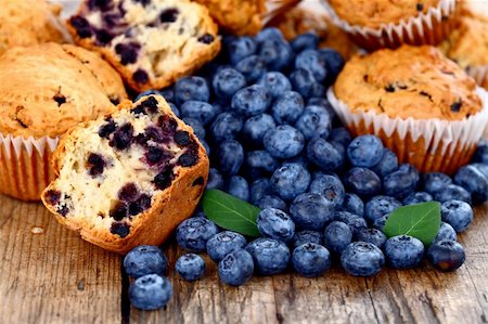 simsearch:400-06698338,k - Homemade muffins with fresh blueberries on wooden table Stock Photo - Budget Royalty-Free & Subscription, Code: 400-06476950