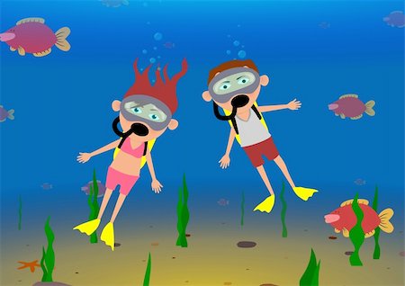 illustration of two characters scuba diving Stock Photo - Budget Royalty-Free & Subscription, Code: 400-06477576