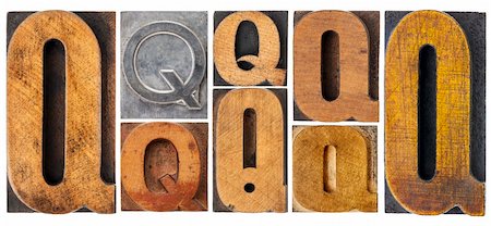 letter Q - 8 isolated vintage letterpress wood and metal type blocks with ink patina, variety of fonts Stock Photo - Budget Royalty-Free & Subscription, Code: 400-06477728