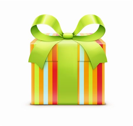 symbol present - Vector illustration of multicolored present box with green bow isolated on white background. Stock Photo - Budget Royalty-Free & Subscription, Code: 400-06477754