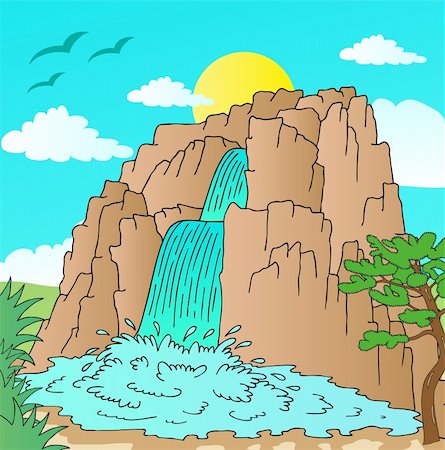 Hill with waterfalls landscape - vector illustration. Foto de stock - Royalty-Free Super Valor e Assinatura, Número: 400-06477795