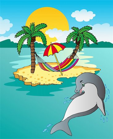 seascape drawing - Island and dolphin - vector illustration. Stock Photo - Budget Royalty-Free & Subscription, Code: 400-06477796