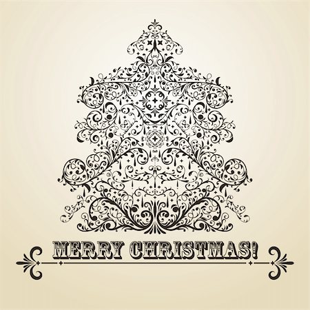 vector vintage Christmas greeting card with highly detailed fir tree on gradient background, fully editable eps 8 file, standart AI font "rosewood std" Stock Photo - Budget Royalty-Free & Subscription, Code: 400-06477828